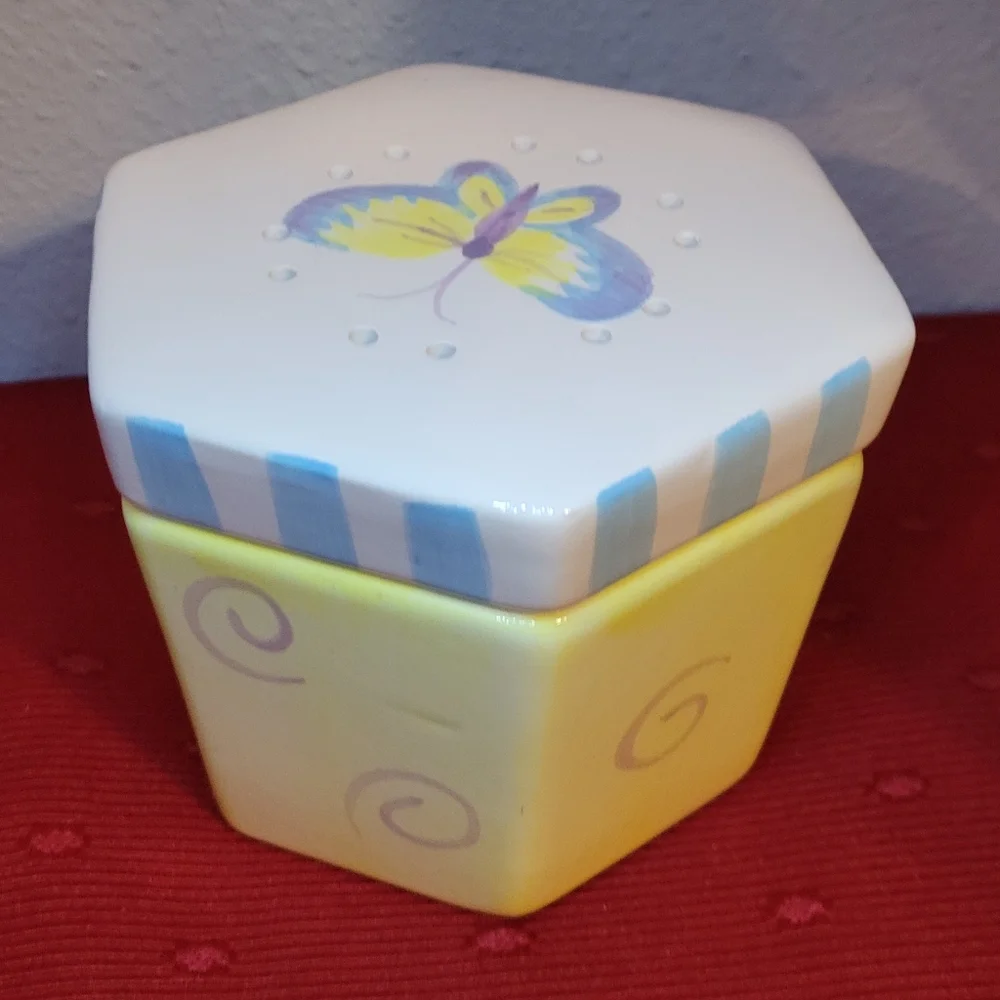 Vtg 2000 Butterfly Incense Potpourri Trinket Stash Ceramic Hexagon Lidded Box